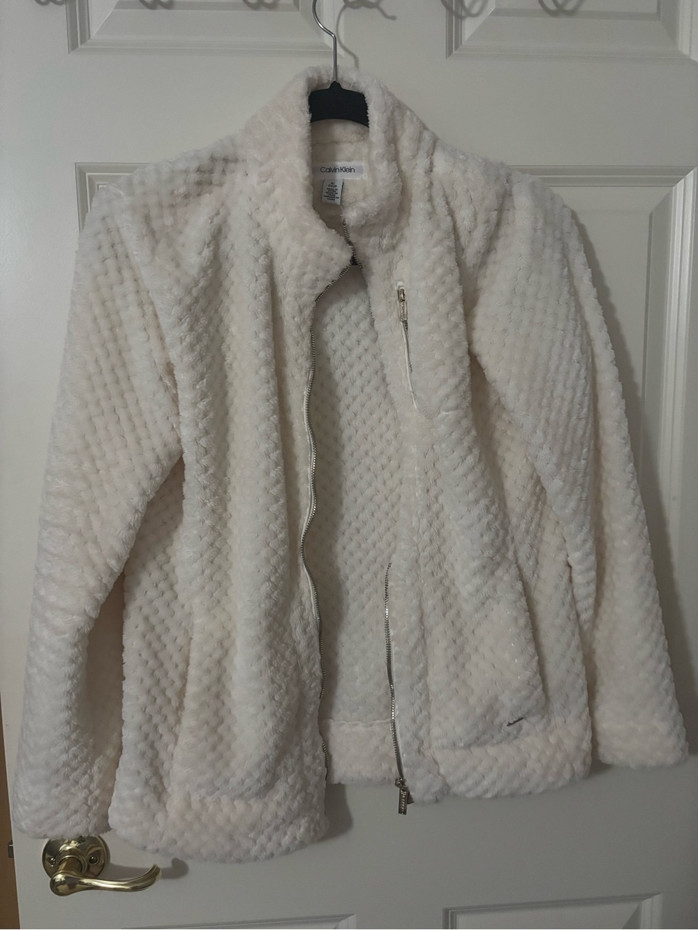 Calvin Klein Women's Cream Plush Zip-Up Teddy Jacket